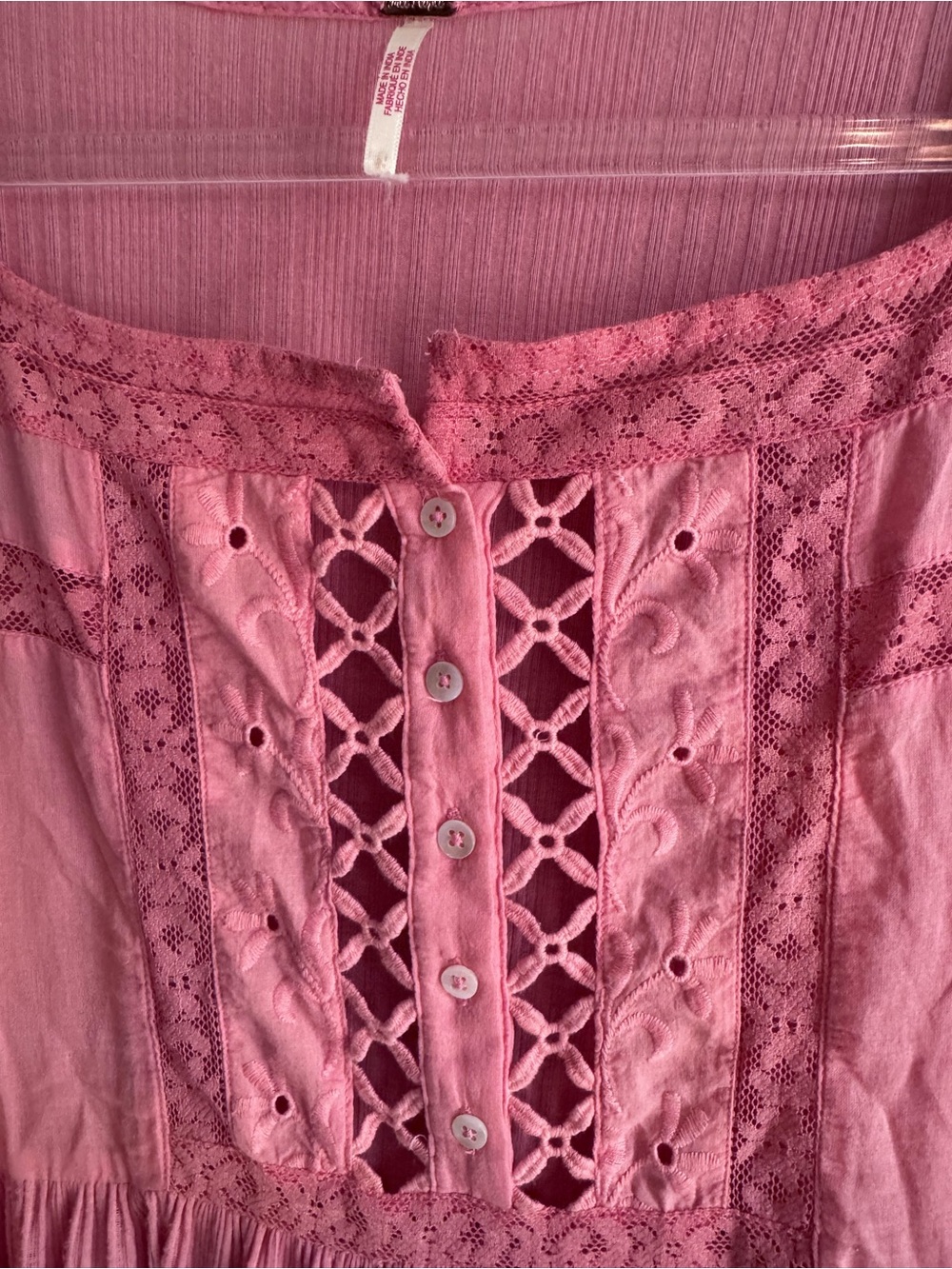 FREE PEOPLE Pretty Please Tunic Sz: S Lace-Trim Pink Long-Sleeve Peasant Top - Picture 4 of 8